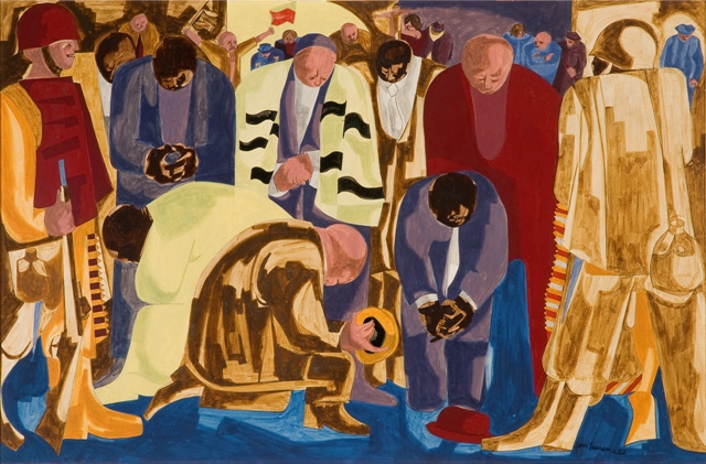 Jacob Lawrence (American, 1917 – 2000), Praying Ministers, 1962; tempera on hardboard, 28.5 x 40.25 inches. Gift of Beatrice and Adolf Berle, 1968.4.